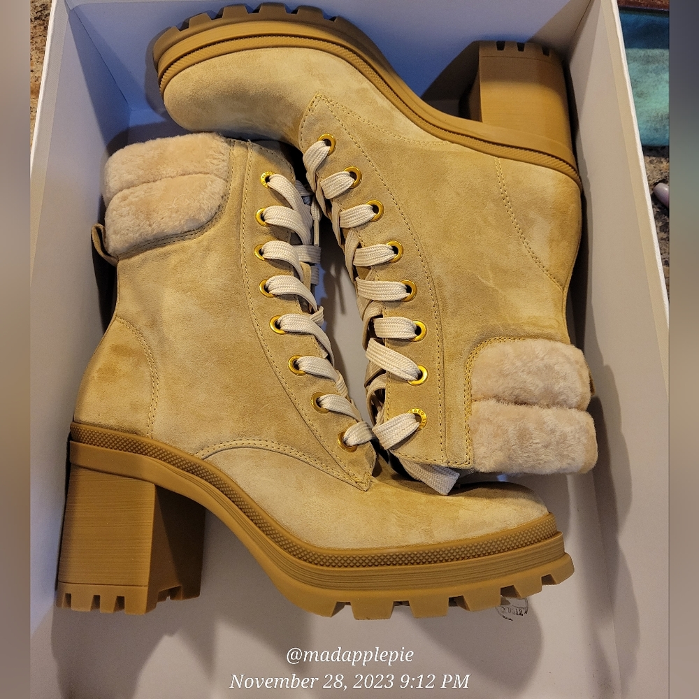 Veronica Beard Water Resistant Westport Lug SoleSuede Lamb Fur Luxury Boots #637 - Picture 11 of 15